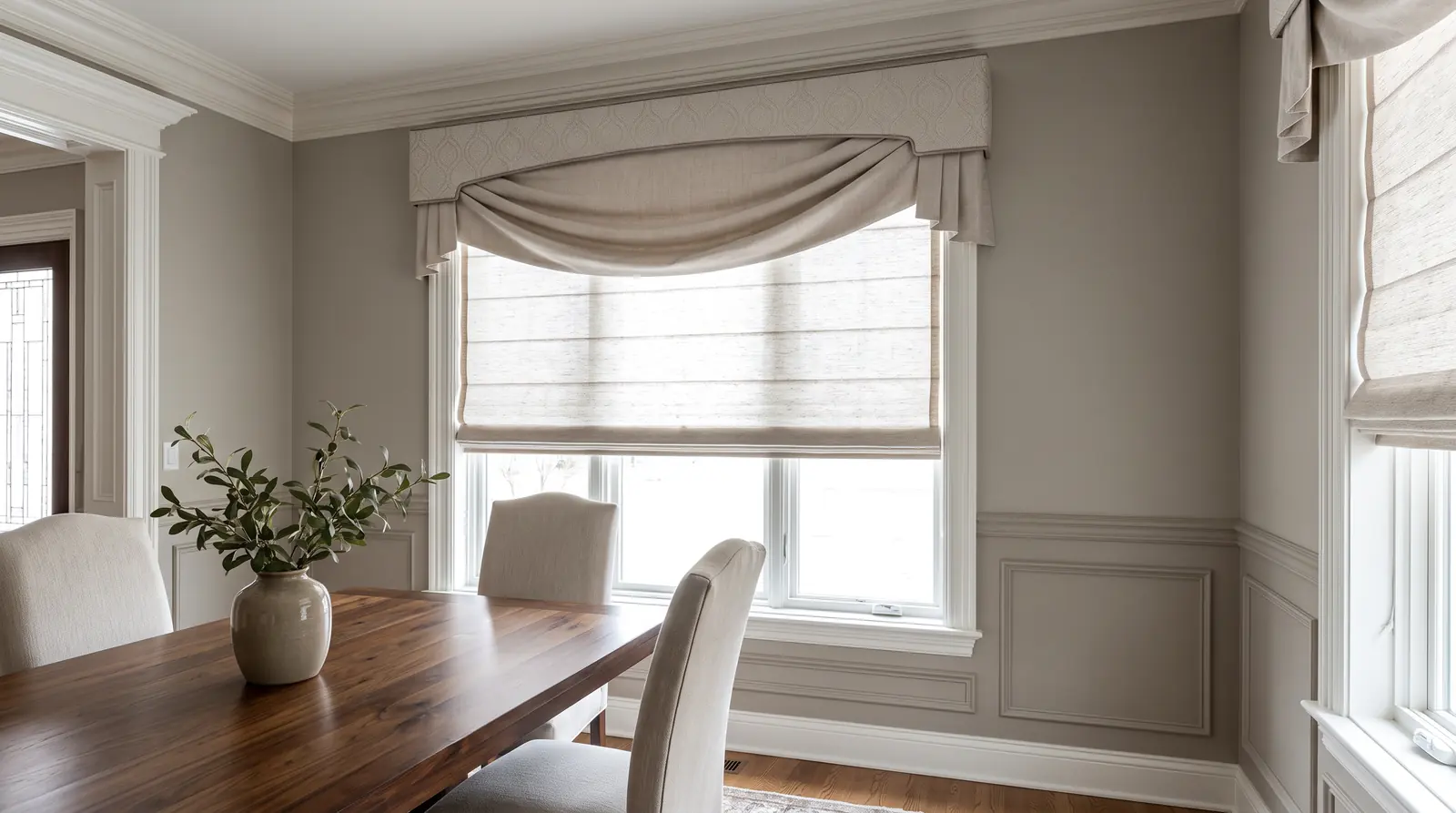 An elegant dining room window crowned with a tailored upholstered cornice board and a soft fabric valance over a lowered shade, a wood table and soft window light