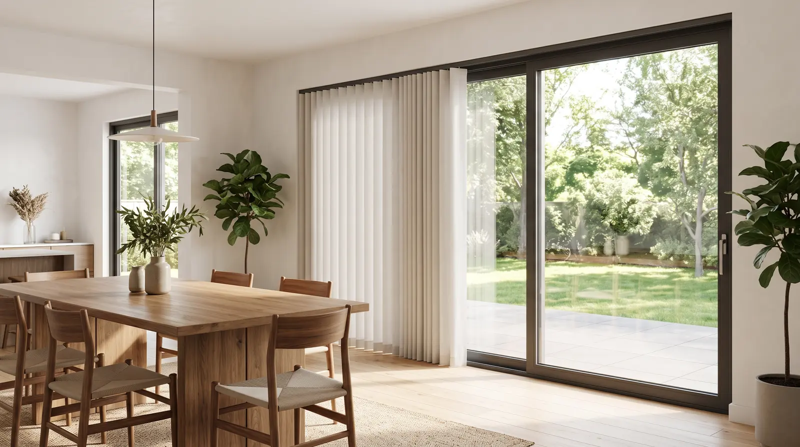 Vertical Blinds on a Wide Patio Door | Music City Blinds A wide sliding patio door dressed in smooth neutral fabric vertical blinds partly drawn open to a backyard view, a bright dining area with a wood table and chairs
