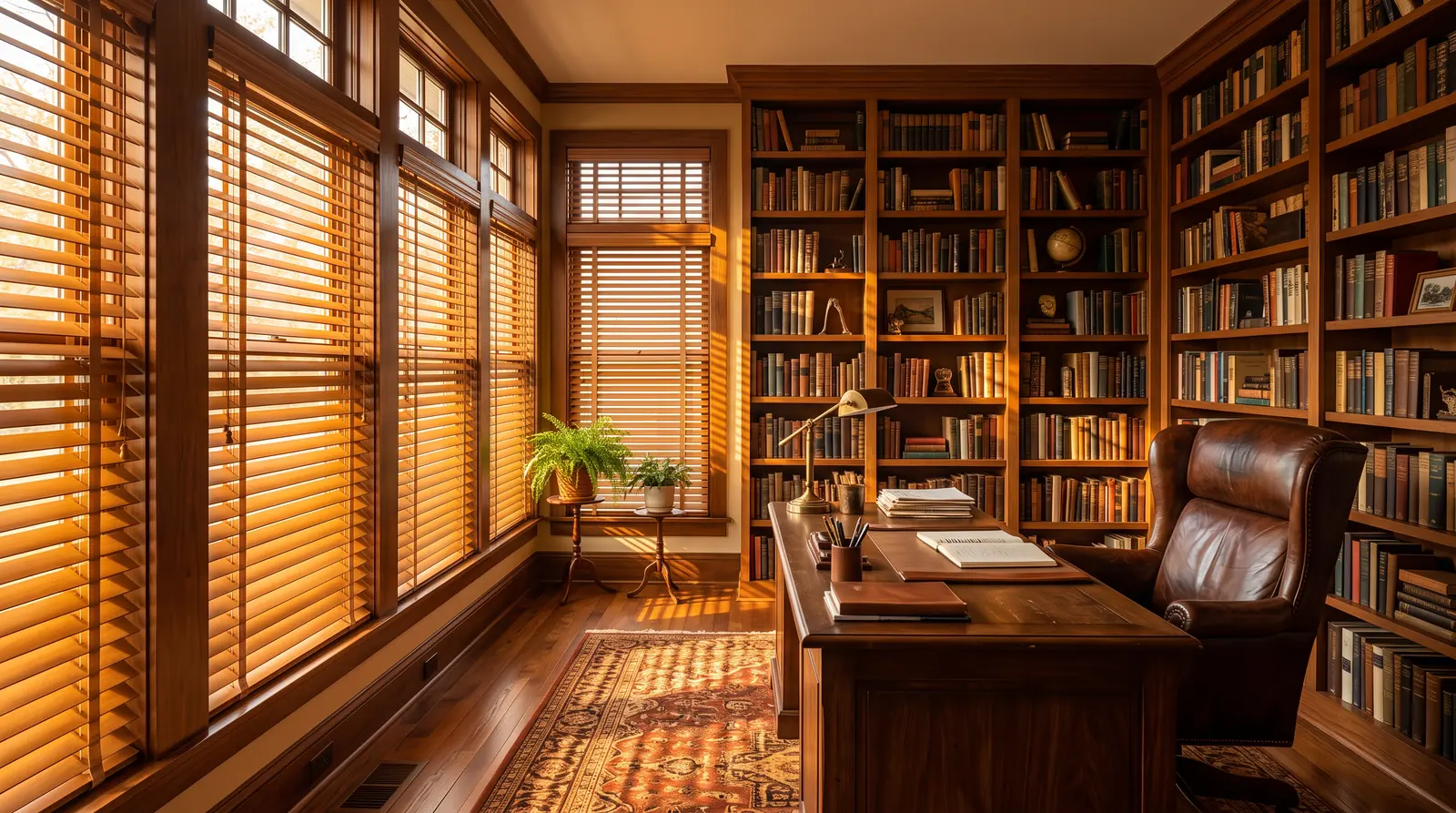 A warm home study with tall windows dressed in rich stained real wood blinds, a leather chair, a wooden desk and bookshelves, honey-colored slats glowing in afternoon sun