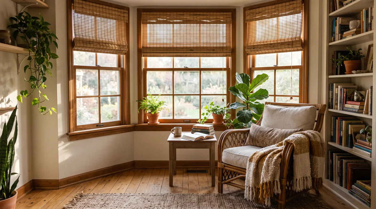 A cozy reading nook with a bay of windows dressed in natural woven wood and bamboo shades raised halfway, a rattan chair, a throw blanket and plants, warm textured light